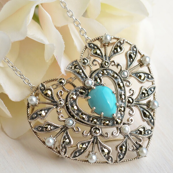 楽天市場】碌山 ターコイズ シードパール ハート ブローチ ペンダント