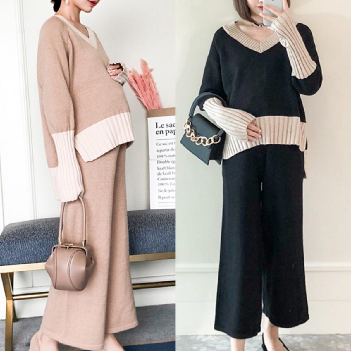 楽天市場】マタニティ 2点セット セットアップ リブ ニット バイカラー