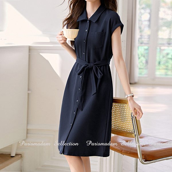 楽天市場】襟付きひざ下丈ワンピース シャツワンピース ネイビー