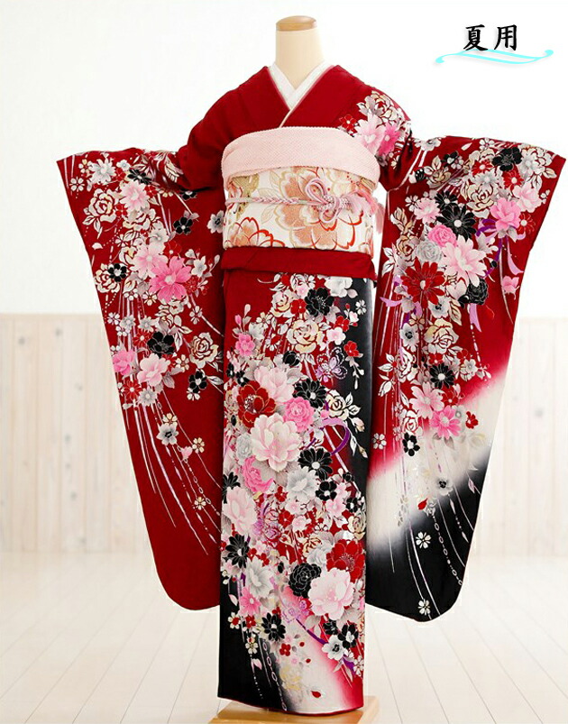 楽天市場】単衣 夏用 振袖レンタル sf1522 赤地に慶銀箔絢爛花【フル