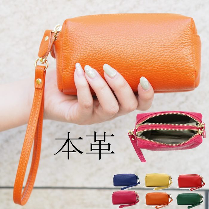 楽天市場】本革 レザーポーチ ストラップ付き ダブルファスナー 小さめ