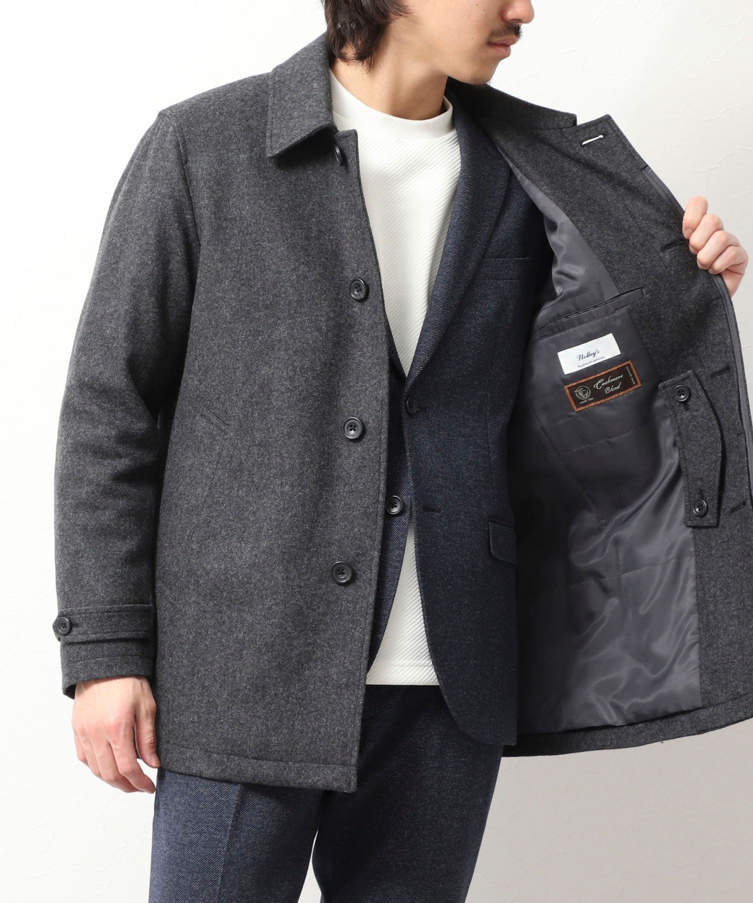 NOLLEY'S｜≪ビジカジ対応≫カシミヤ混 ステンカラーハーフコート