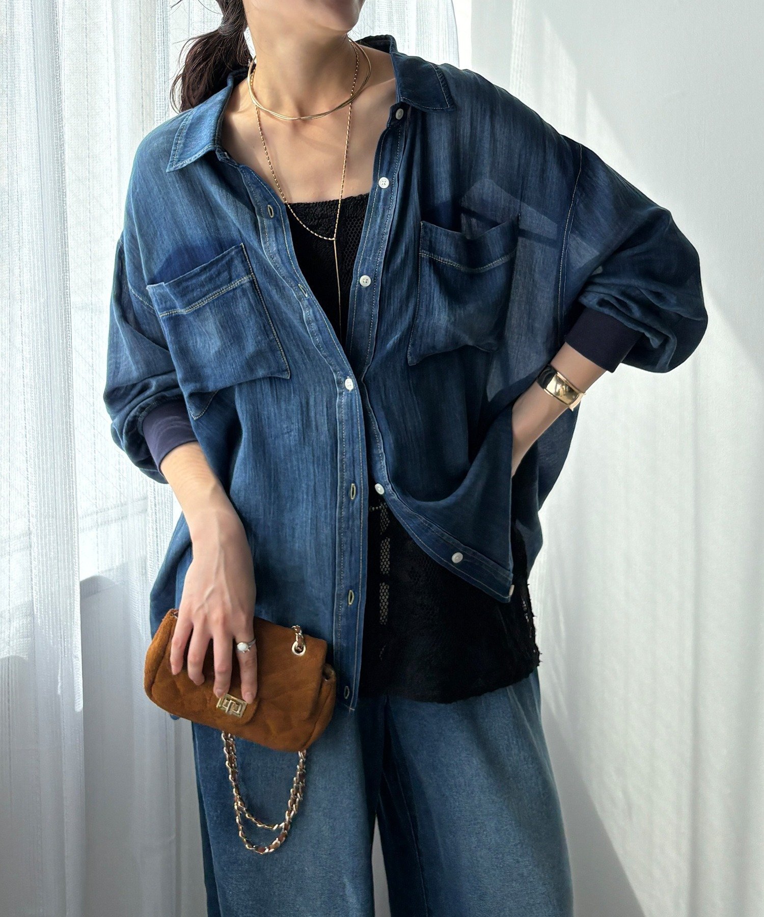 DOUDOU｜袖リブシアーデニムシャツ | Rakuten Fashion(楽天