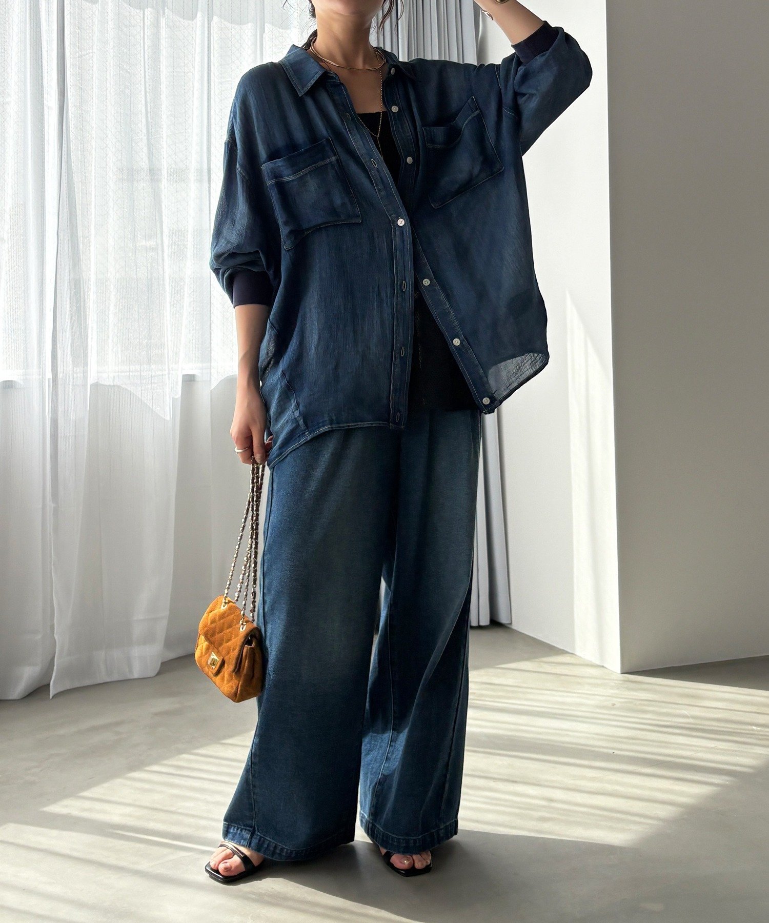 DOUDOU｜袖リブシアーデニムシャツ | Rakuten Fashion(楽天