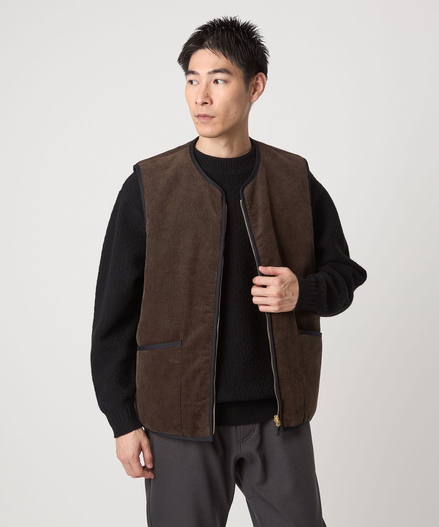 リバーシブルフェイクファーコーデュロイ ベスト 40 ブラウン UNITED ARROWS green label relaxing｜【別注】<Barbour>リバーシブル