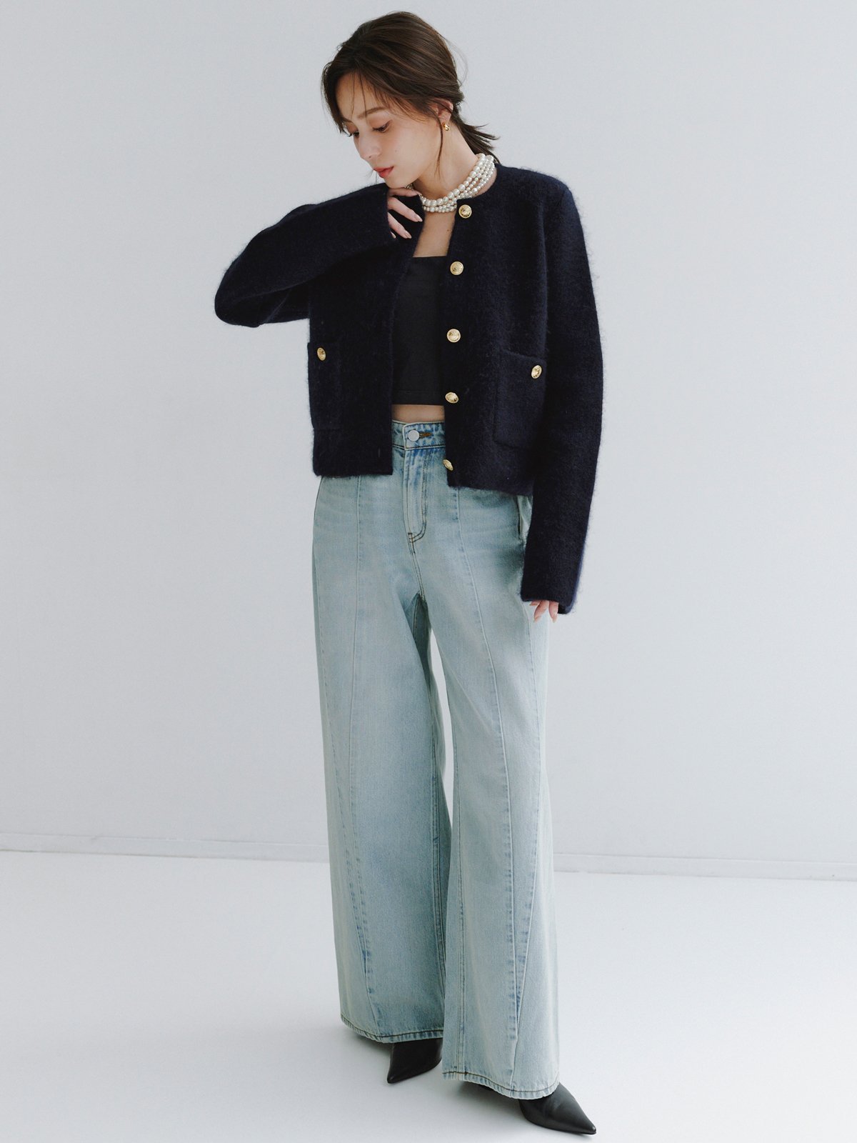 anuans｜カシミヤブレンドノーカラーニットジャケット | Rakuten