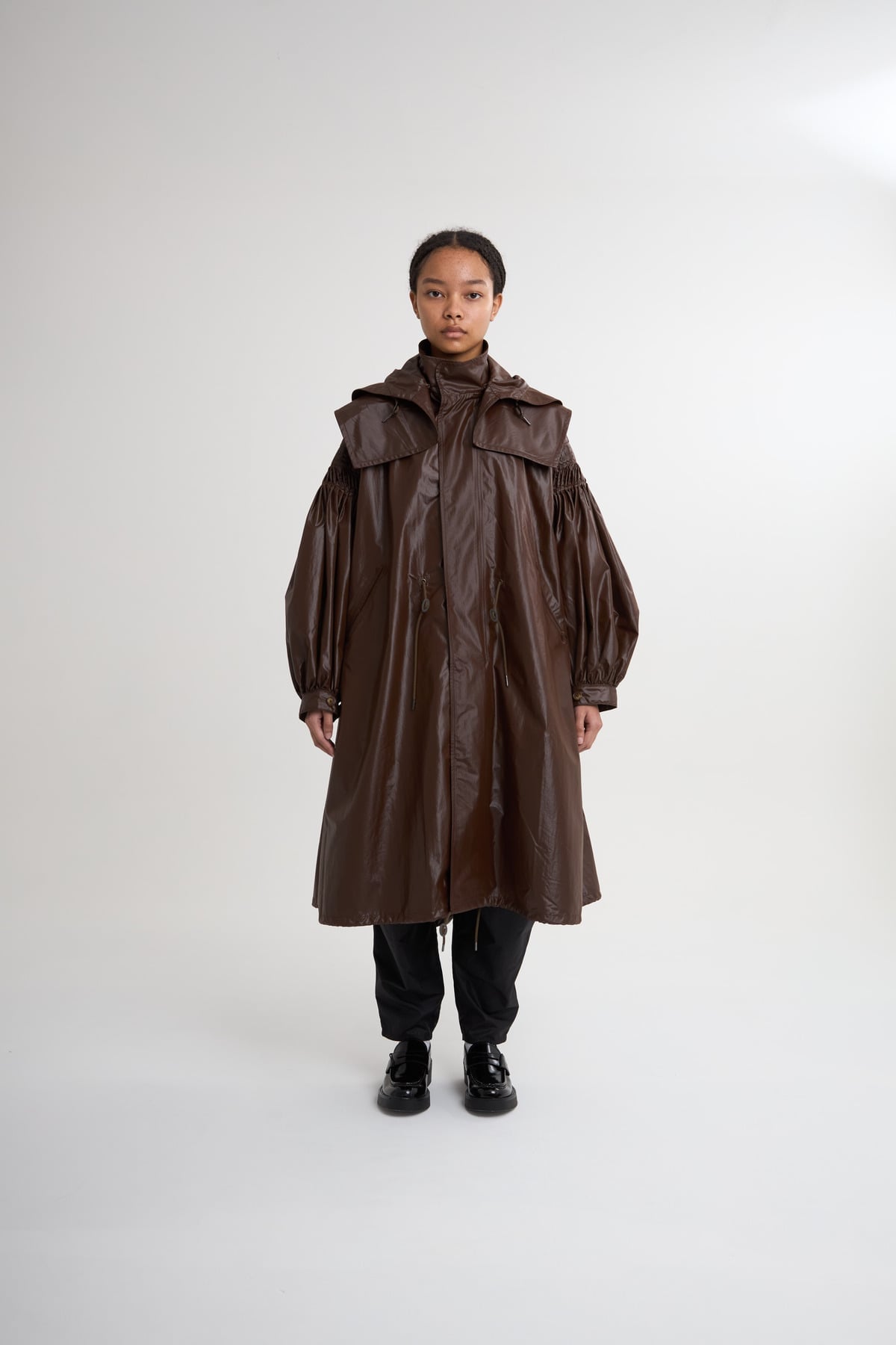 MEGMIURA｜2WAY Pin tuck Leather like Nylon Long Mods coat