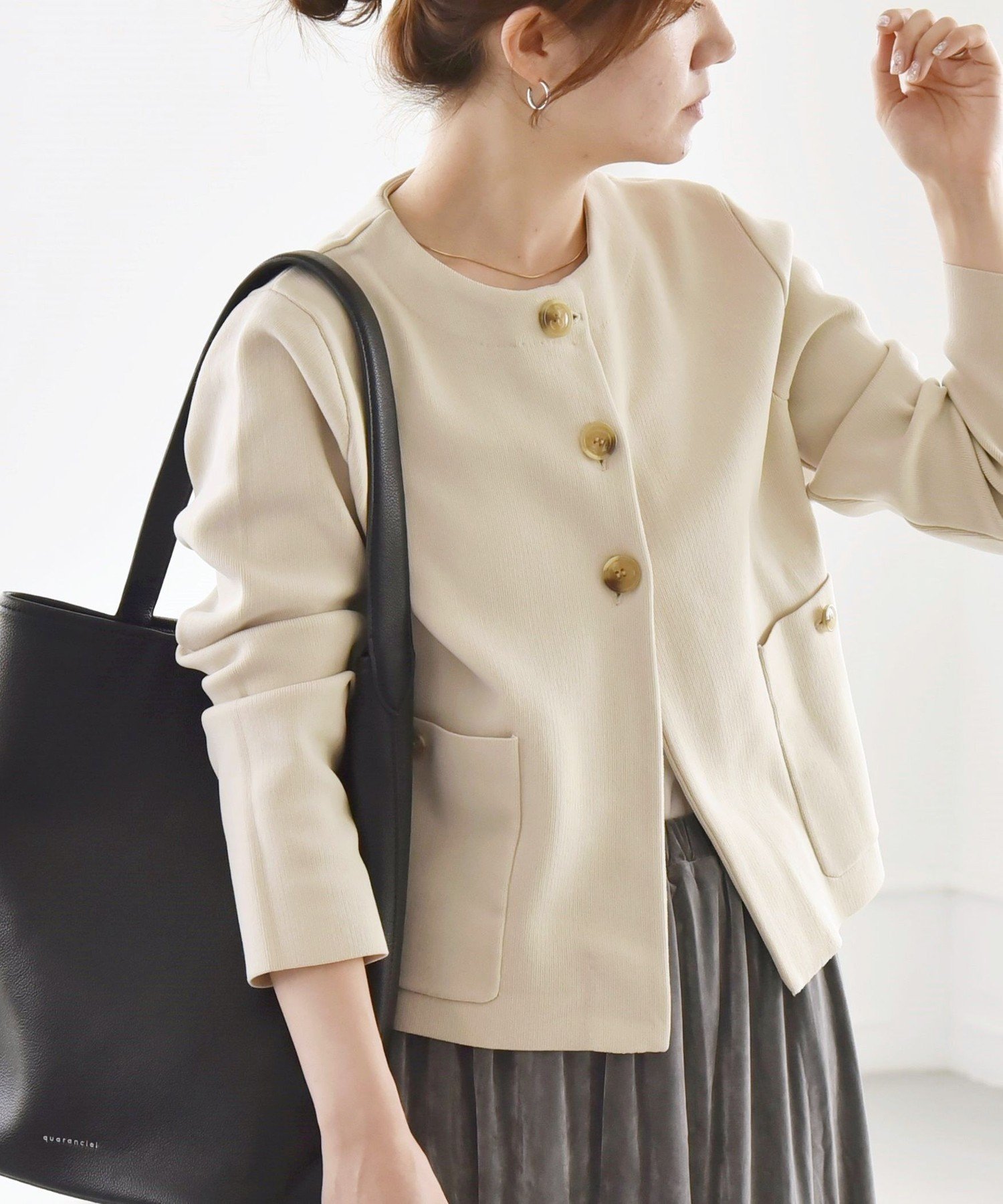 SHIPS ノーカラージャケット、カーディガン ホワイト quaranciel:〈手洗い可能〉ノーカラー クラシカル ジャケット