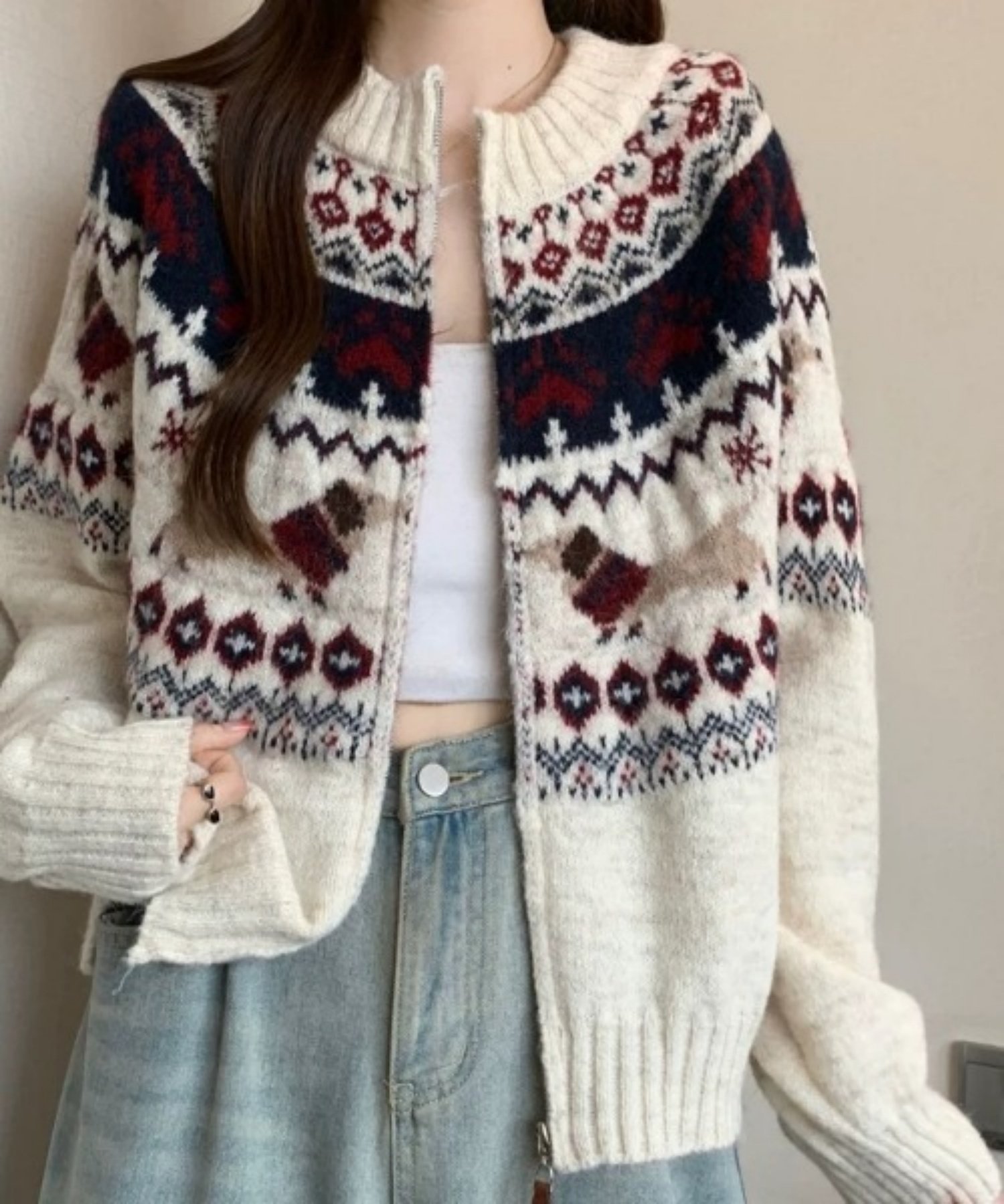 DIAVEL｜ノルディック柄ジップニットカーディガン|ふんわり柔らか,冬の