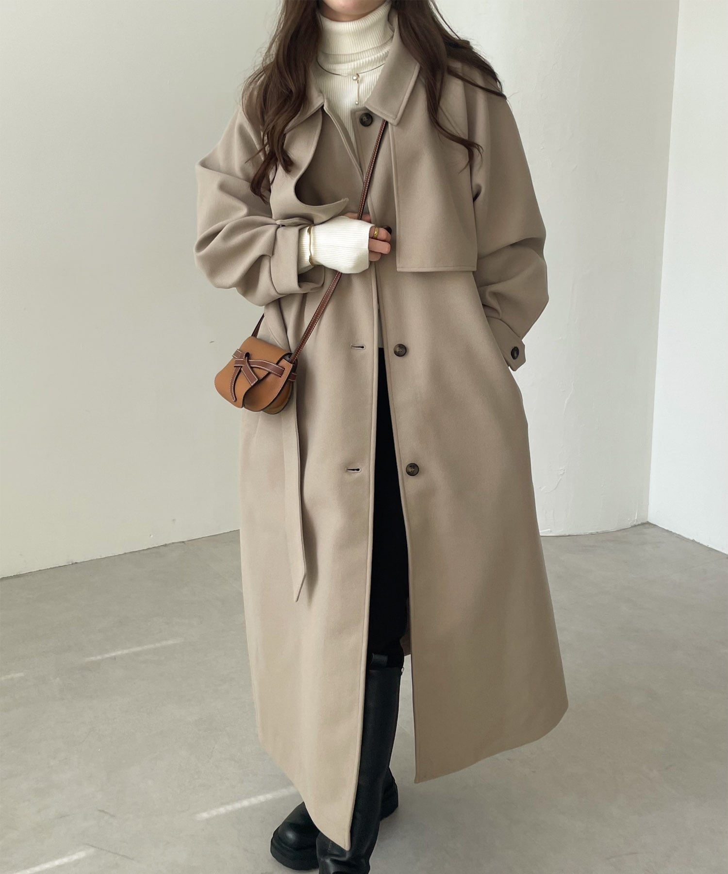 andme｜フェイクウール ウエストベルト付き ロング丈トレンチコート