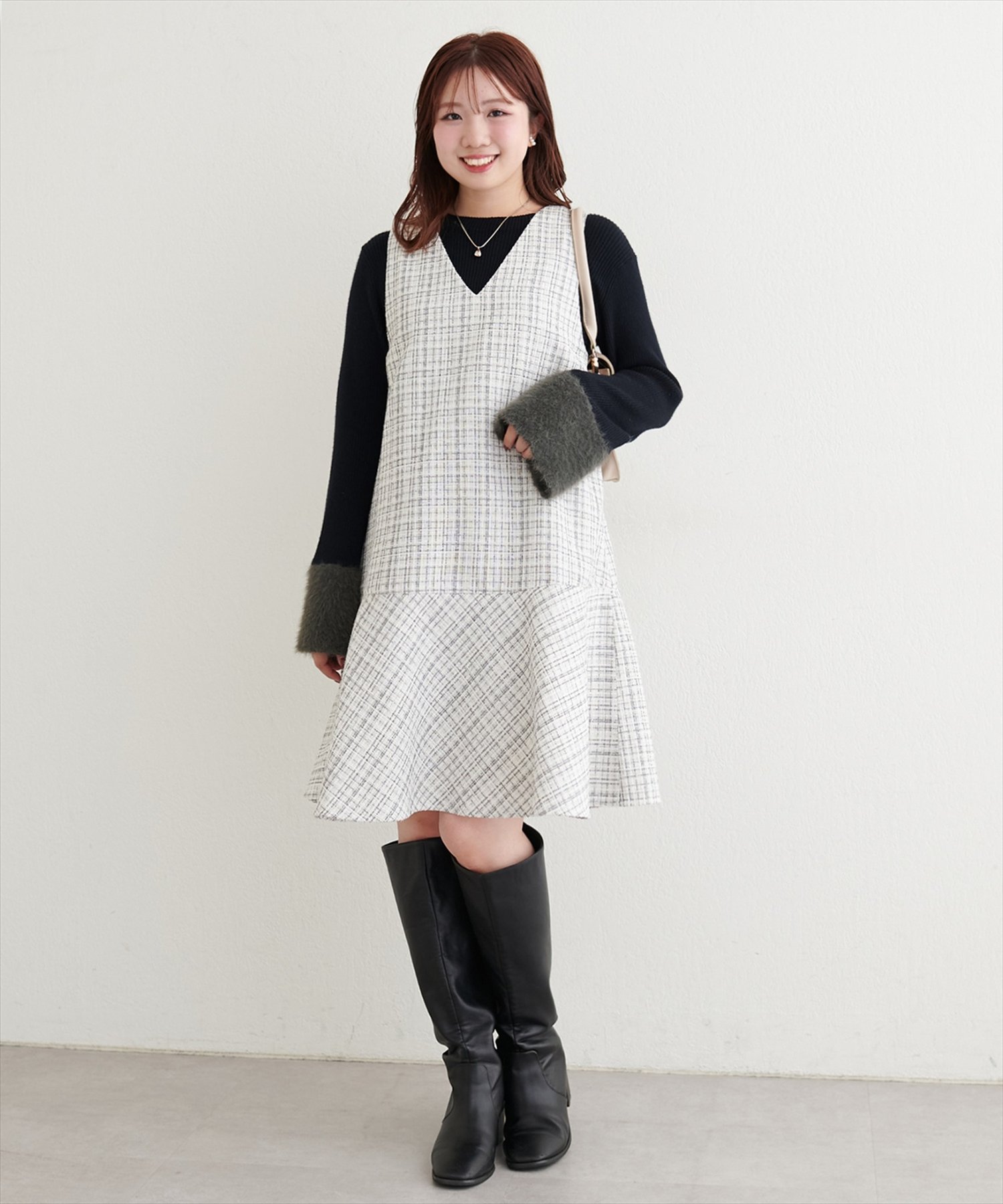 〈canami〉ツイードチェックミニワンピース natural couture ワンピース 「canami」ツイードチェックミニ