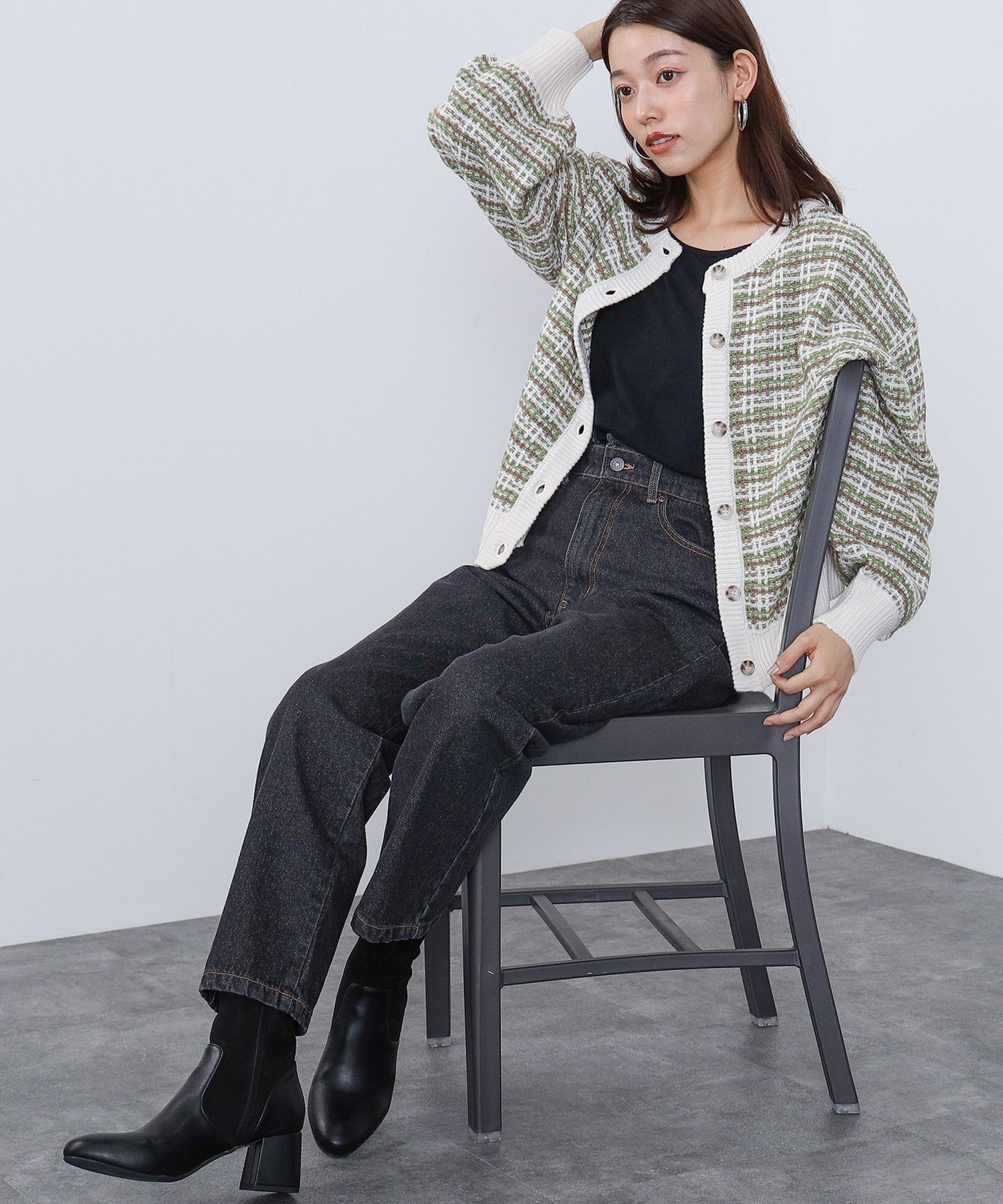 TRAVAS TOKYO チェック柄カーディガン グレー ジャカードニット TRAVAS