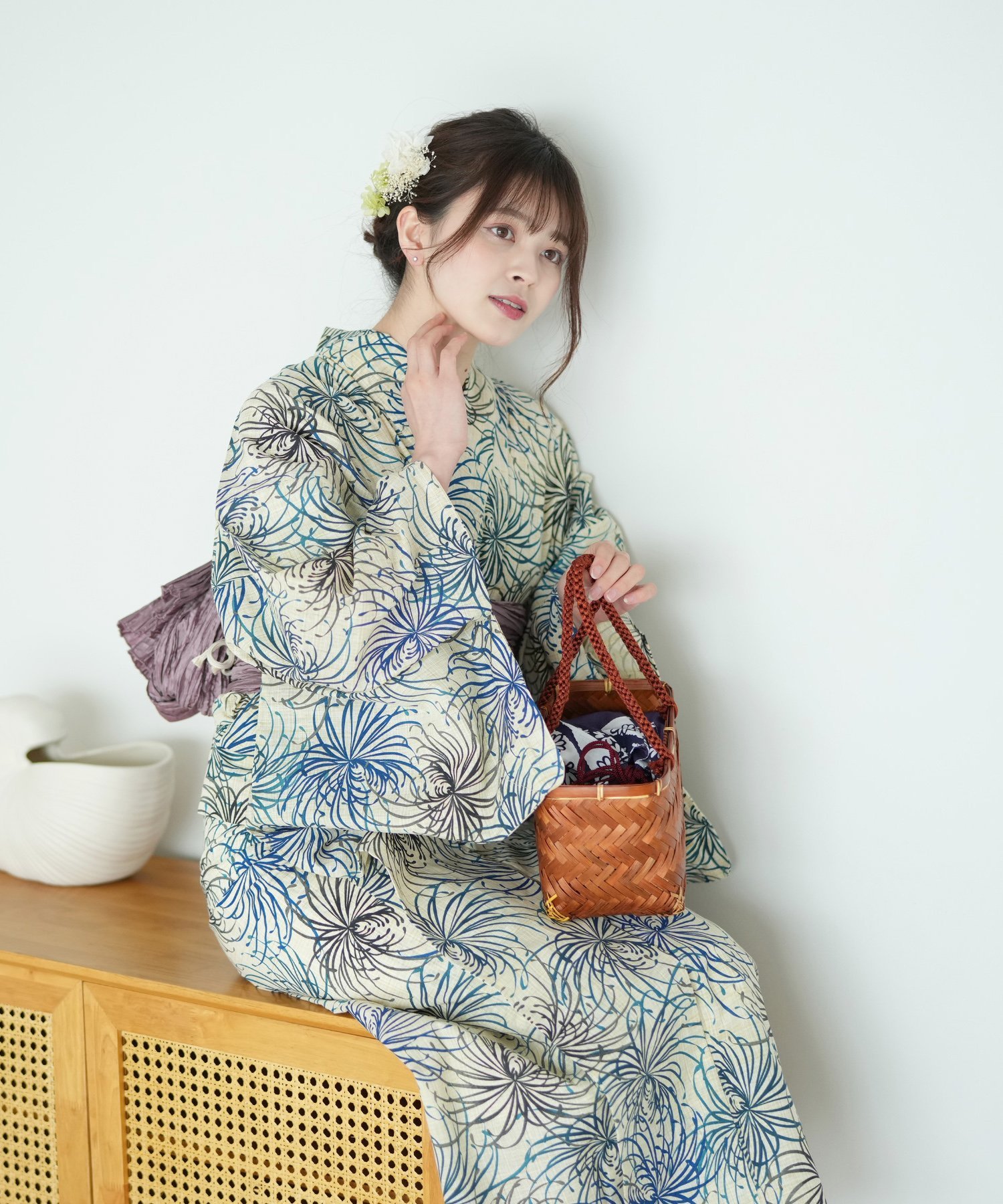 utatane｜(W)浴衣3点セット 綿麻 涼しげ上品糸菊 | Rakuten Fashion