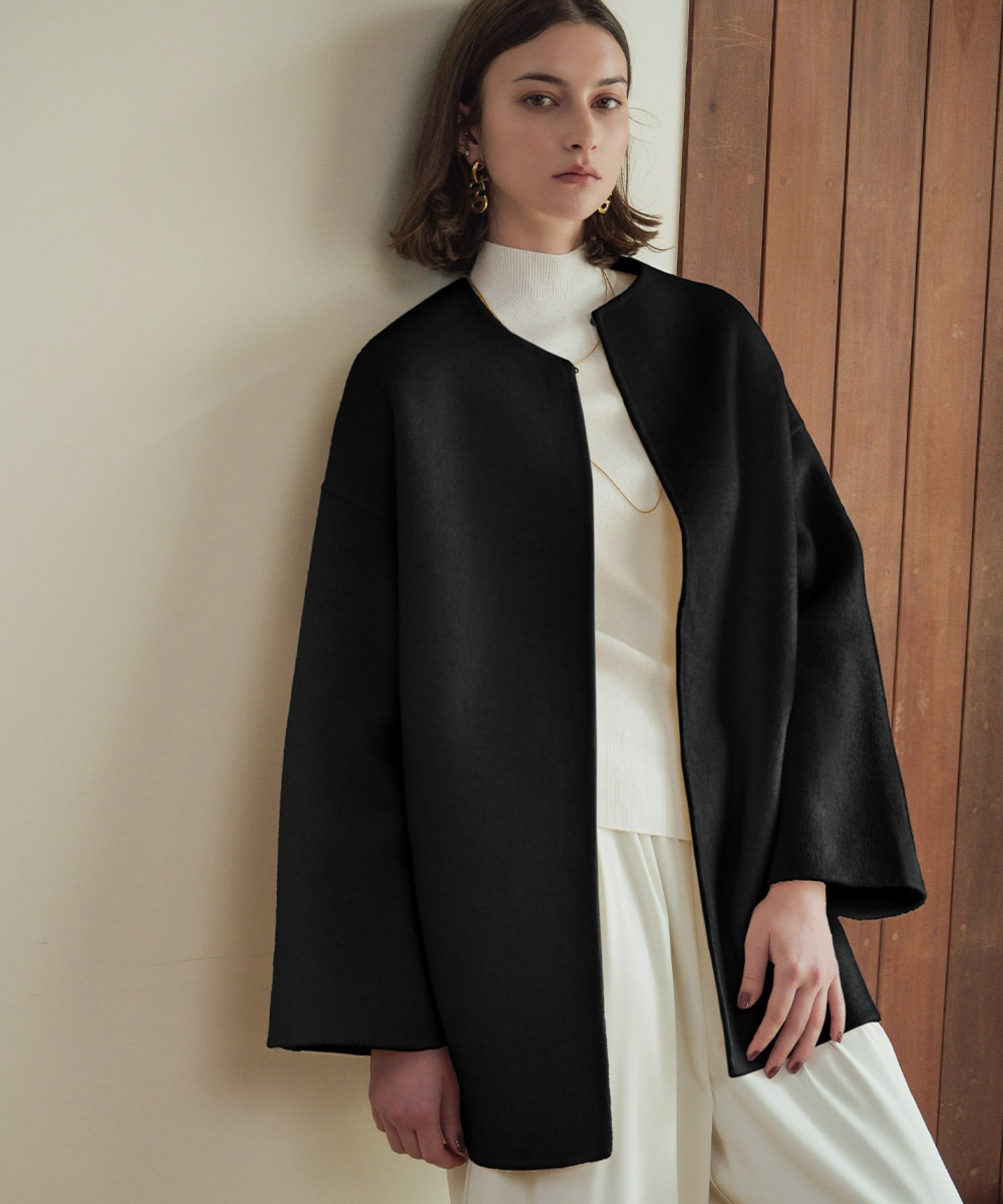 RIVER FIELD & Co.｜【ウール100%】ノーカラー ミドル丈 コート ウール