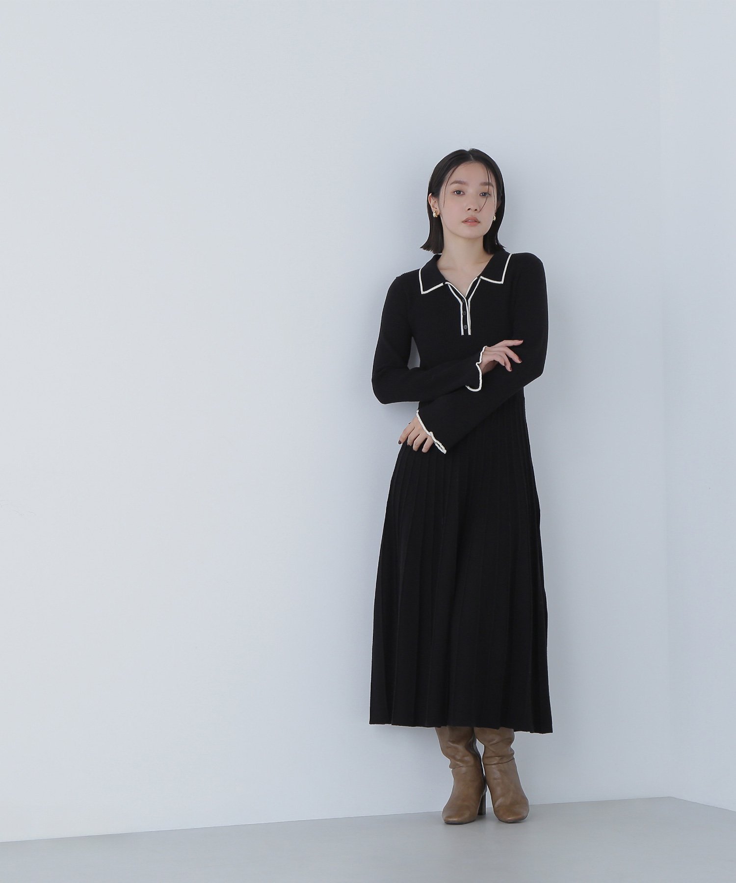 NATURAL BEAUTY BASIC｜スキッパーバイカラーニットワンピース