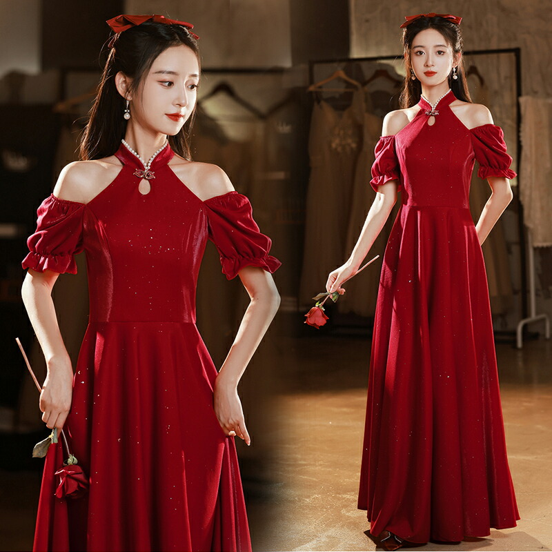 楽天市場】カラードレス パーティードレス ワインレッド