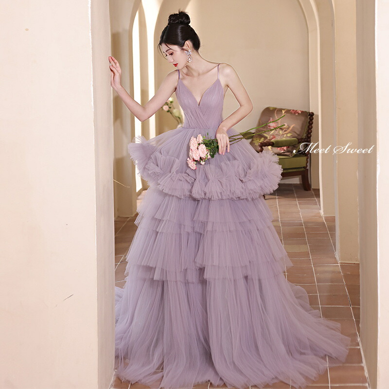 楽天市場】カラードレス プリンセスライン パープル フリル 袖なし