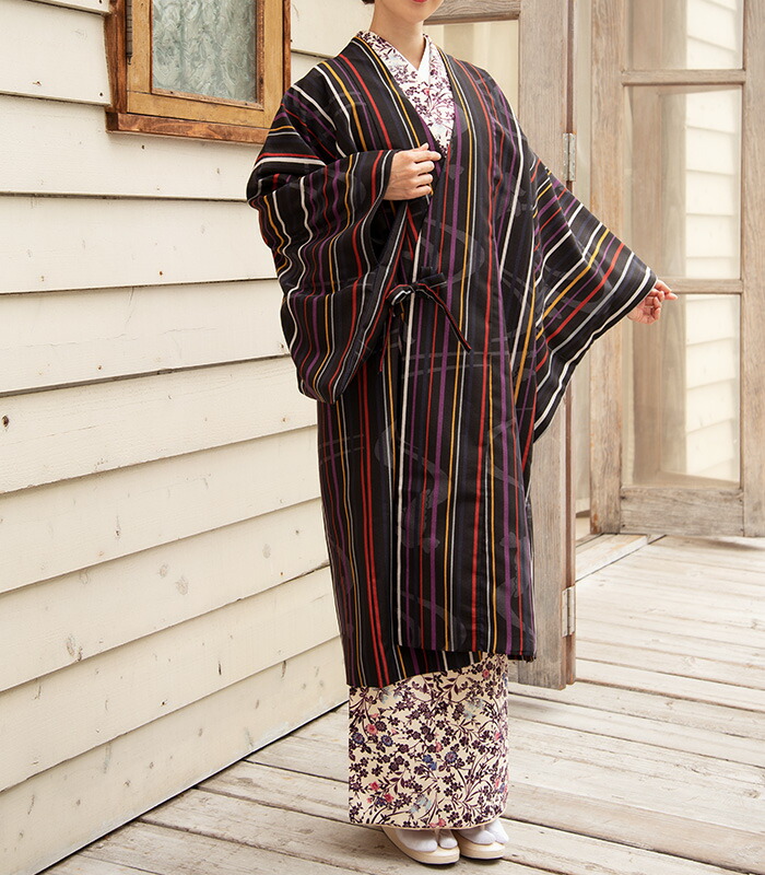 楽天市場】洗える道中着衿コート 仕立済み 縞 黒 ポリエステル 防寒 塵