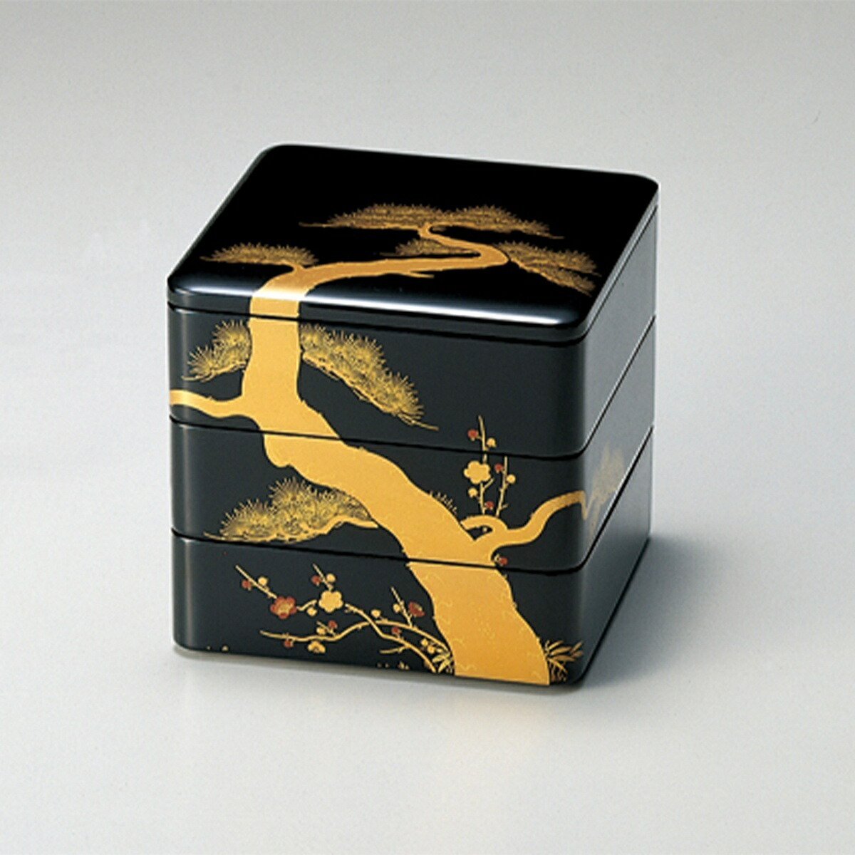 楽天市場】松竹梅蒔絵 65三段重（黒内朱）重箱 日本製 来客 艶 上品 器