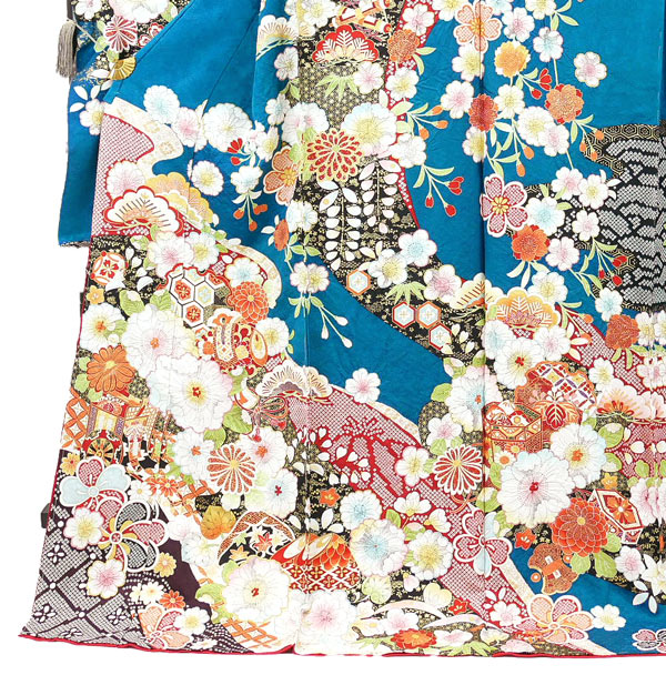 楽天市場】仕立て付き 正絹 振袖単品 f-006-t 青緑 ブルー グリーン