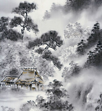 水墨画 掛軸 鮎風景画 筆文字サイン入り 水墨画 掛軸 鮎風景画 筆文字