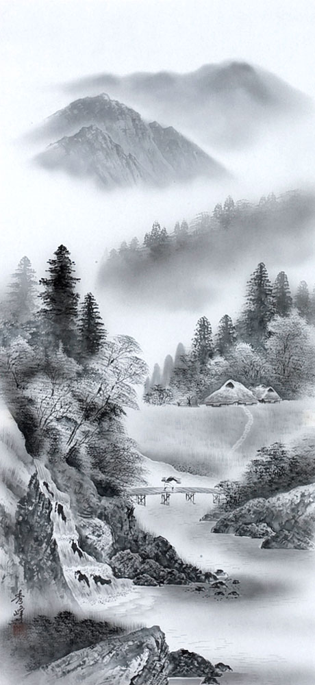 楽天市場】掛軸 掛け軸 水墨山水 平野秀峰 尺八立 約横71×縦190cm