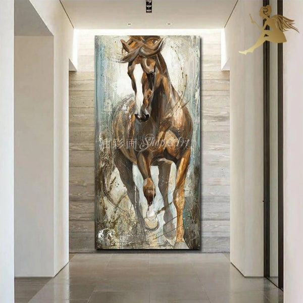 女性と馬の油彩画 金色フレーム付き 馬の群れ 金色フレーム 油絵 馬 絵画