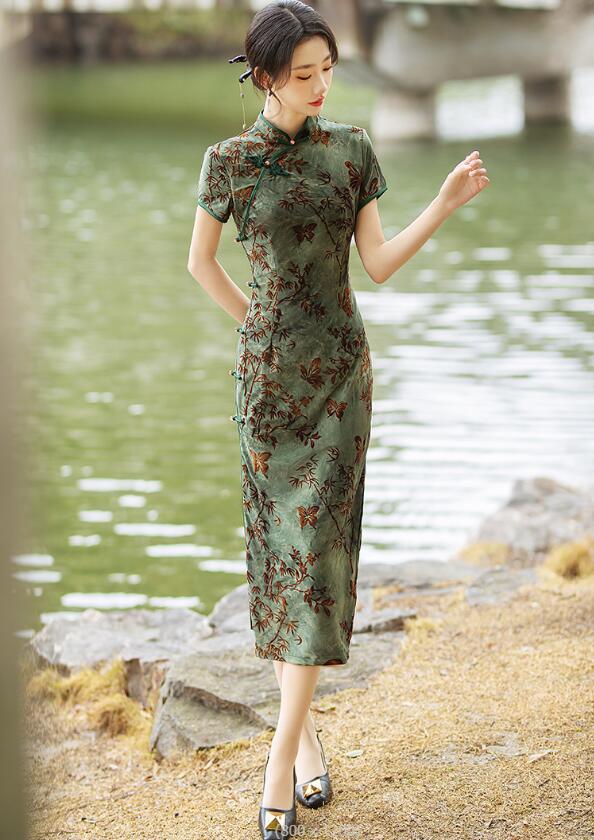 楽天市場】中華風チャイナドレス ロング丈 ミモレ丈 上海半袖ドレス