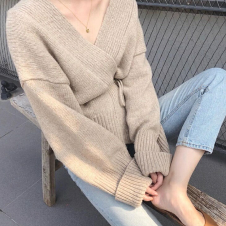 楽天市場】カシュクールニットセーター 紐ベルト付き ニット