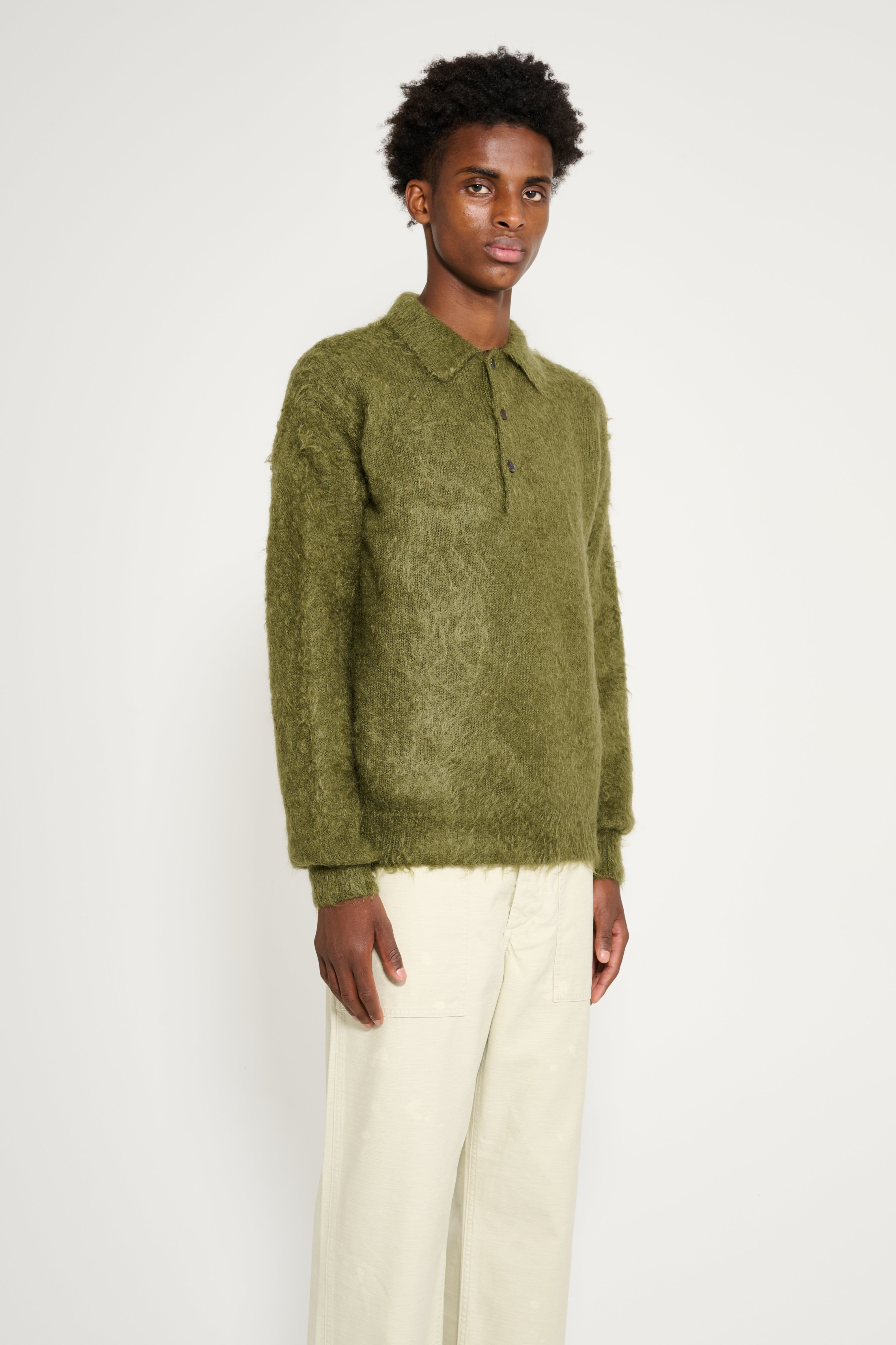 Auralee Brushed Super Kid Mohair Knit Polo Olive – Très Bien