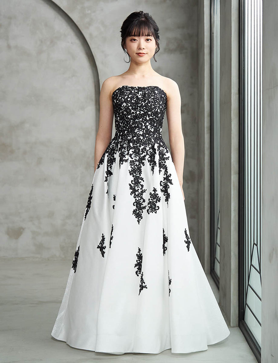 ロングドレス ベアトップ 肩紐付き 演奏会 発表会 サテン ホワイト