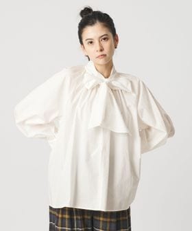 コットン ソリッド&ストライプ ボウタイブラウス