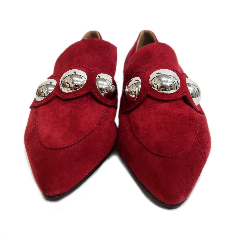 名東】【HERMES】エルメス スタッズ パンプス 37 赤系 スウェード