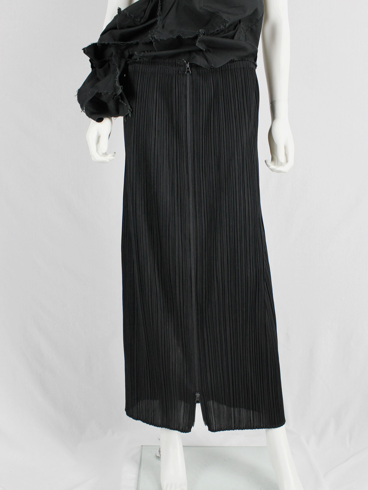 Issey Miyake Pleats Please black pleated maxi skirt with front