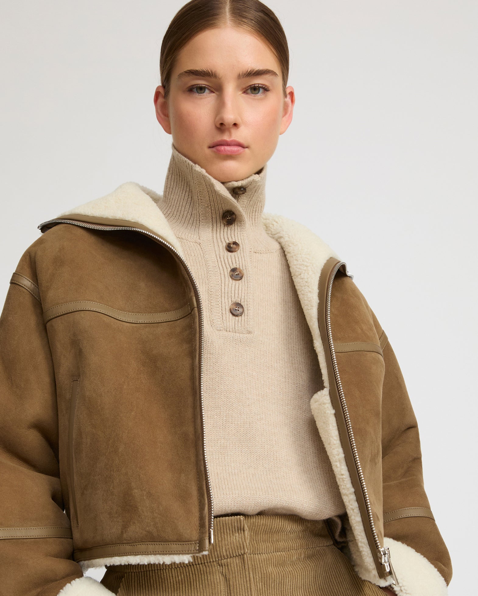 Suede Merino lambskin cropped jacket - camel - Yves Salomon – Yves