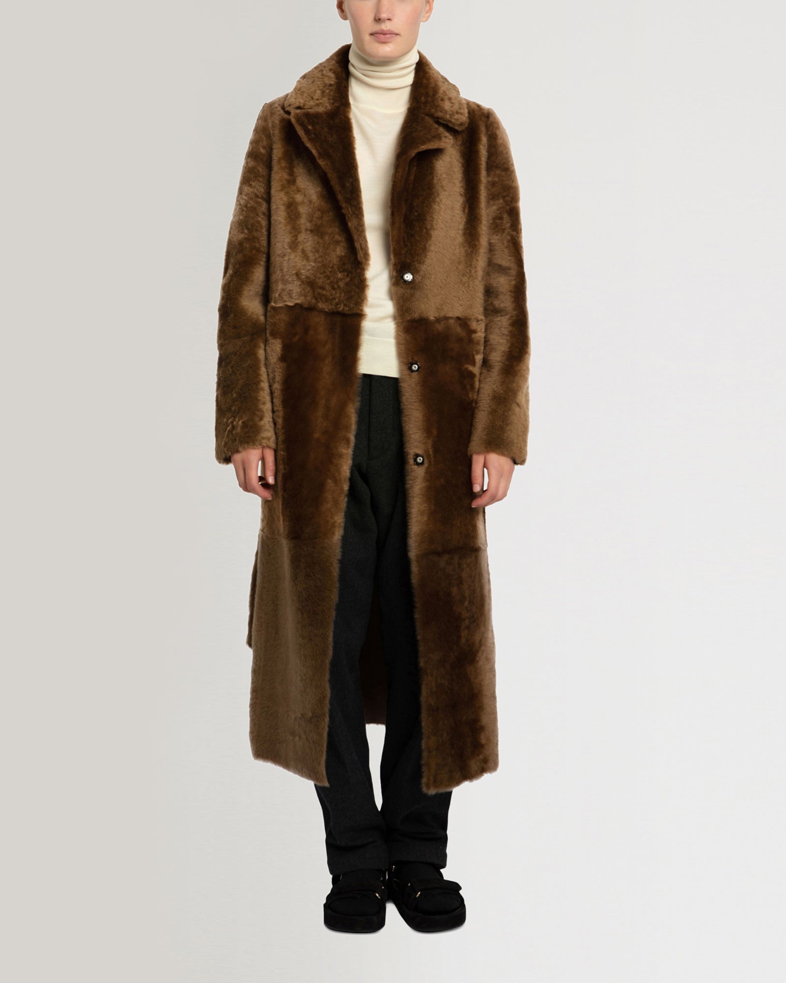Long reversible belted shearling coat - camel - Yves Salomon