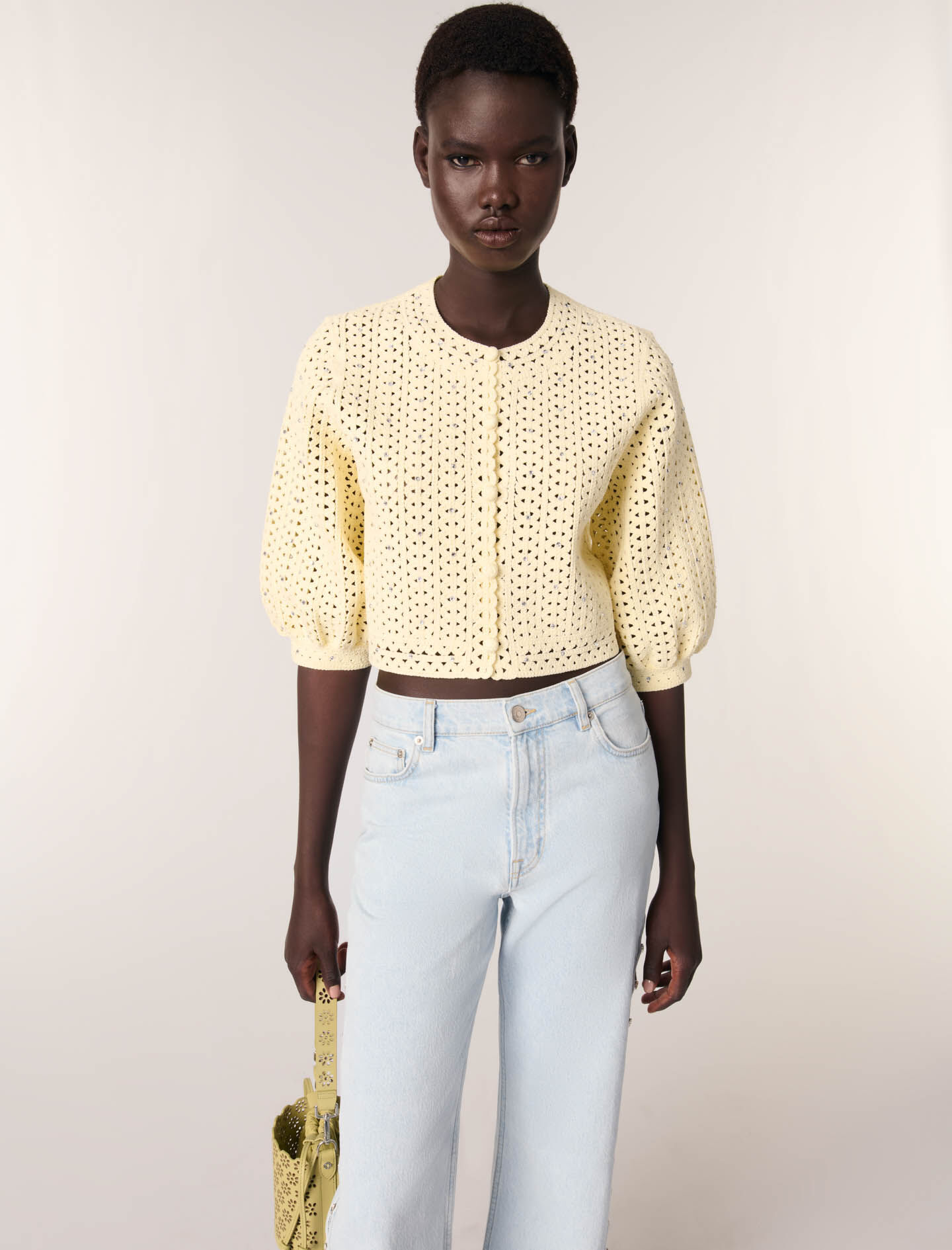 Cropped rhinestone crochet cardigan Yellow / Orange For Women | Maje