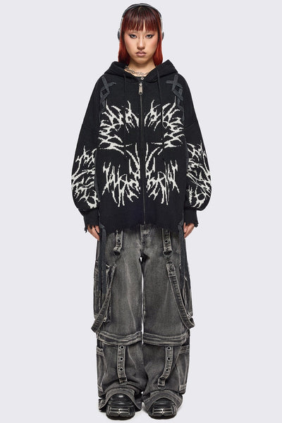 Black Knitted Zip-Up Hoodie With Sigilism Graphic | Minga London