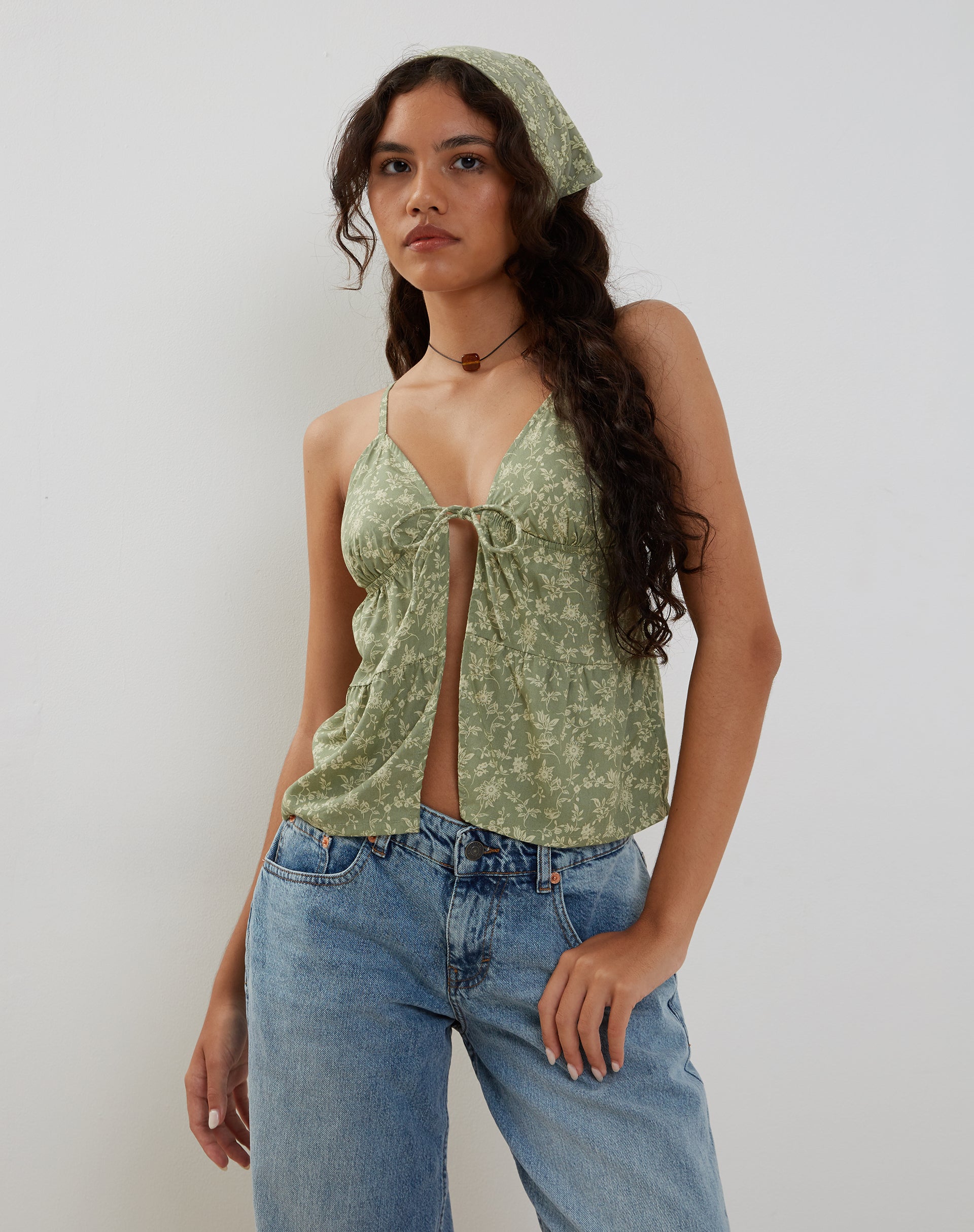 Ditsy Floral Green Tie Front Cami Top | Tezza – motelrocks-com-us