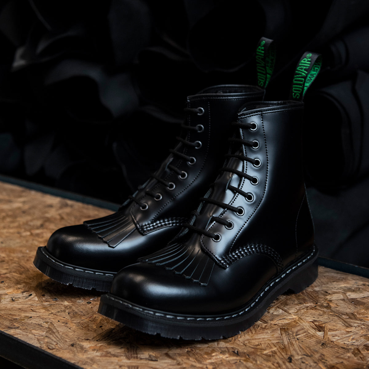 Black Hi-Shine 8 Eye Derby Boot & Boot Kiltie – NPS Solovair USA