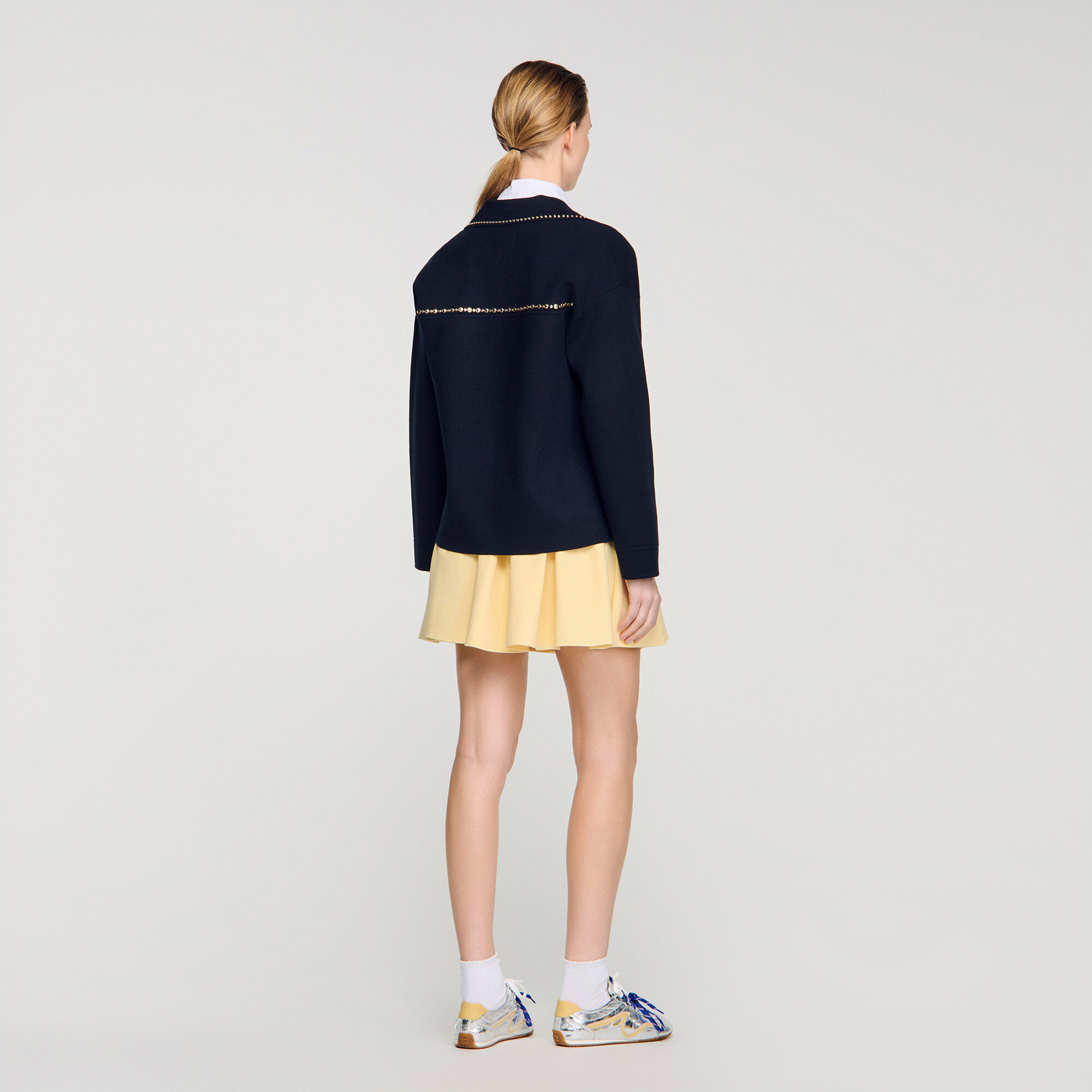 Studded blazer collar cardigan blue For Women | Sandro Paris