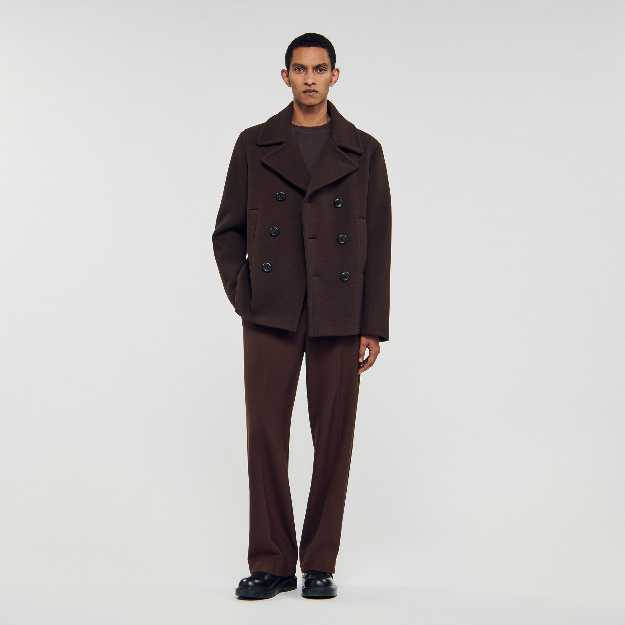 Double-breasted wool pea coat in Chocolate for Men | Sandro Paris