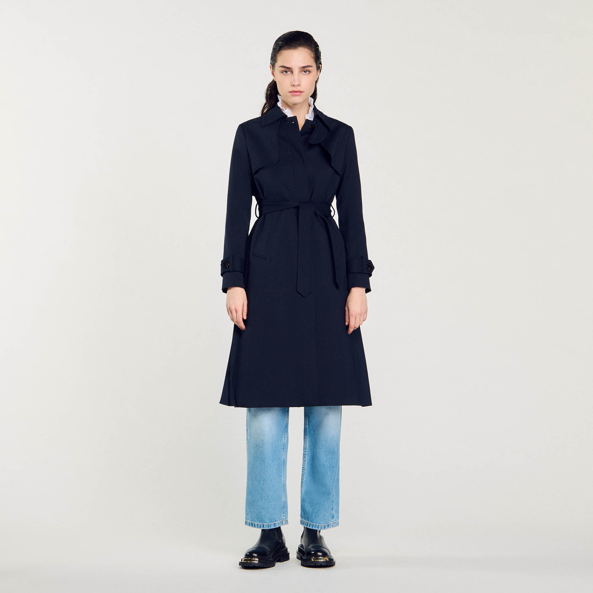 Trench coat with pleated inset in Navy Blue for Women | Sandro Paris