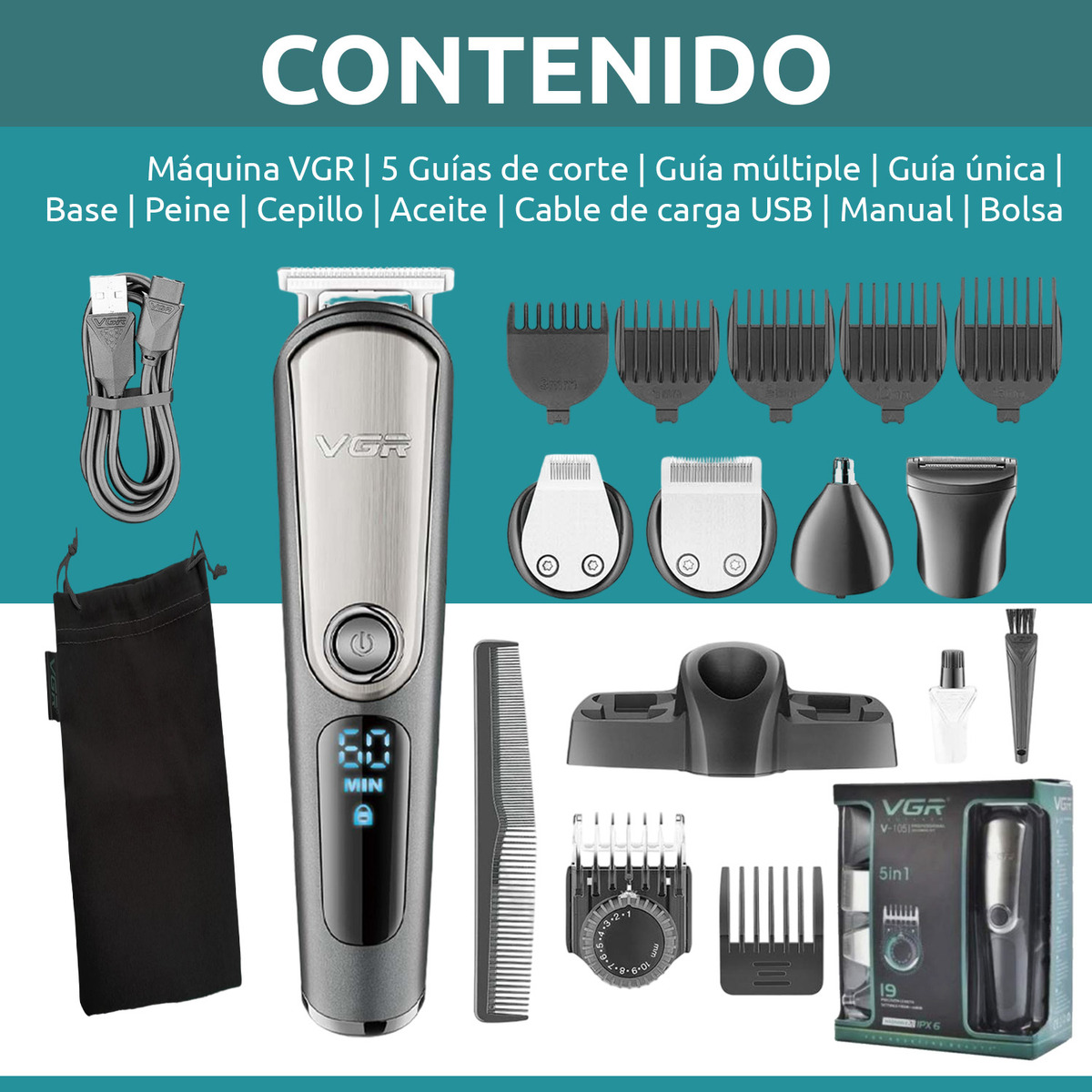 Máquina Cortar Pelo Barba Nariz Grooming 5en1 VGR V-105 Ipx6 – VGR