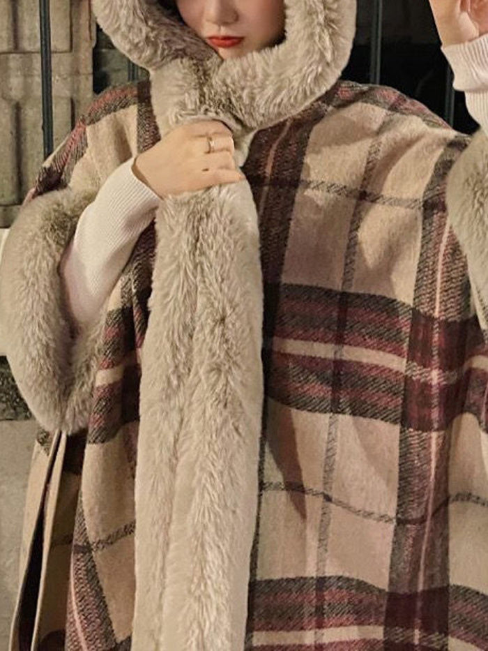 VERILADY | フード付きチェック柄マントケープポンチョコート