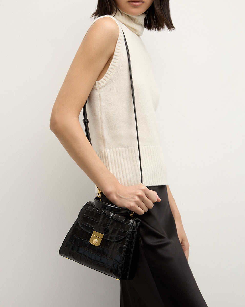 Croc-Embossed Crest Lock Bag in Black | Veronica Beard