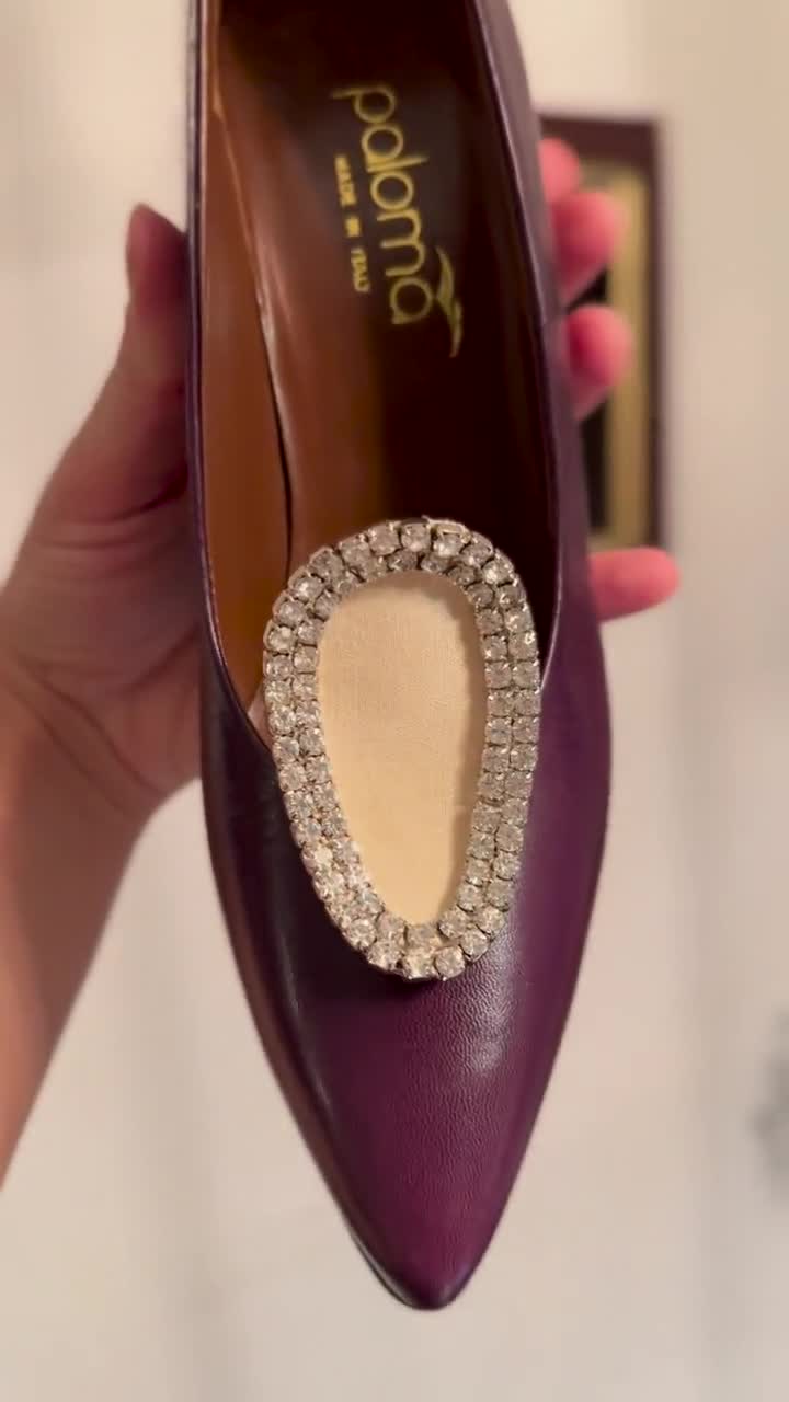 Vintage 80s PALOMA Plum Leather Curved Heel Pumps W/ Chrystal Vamp