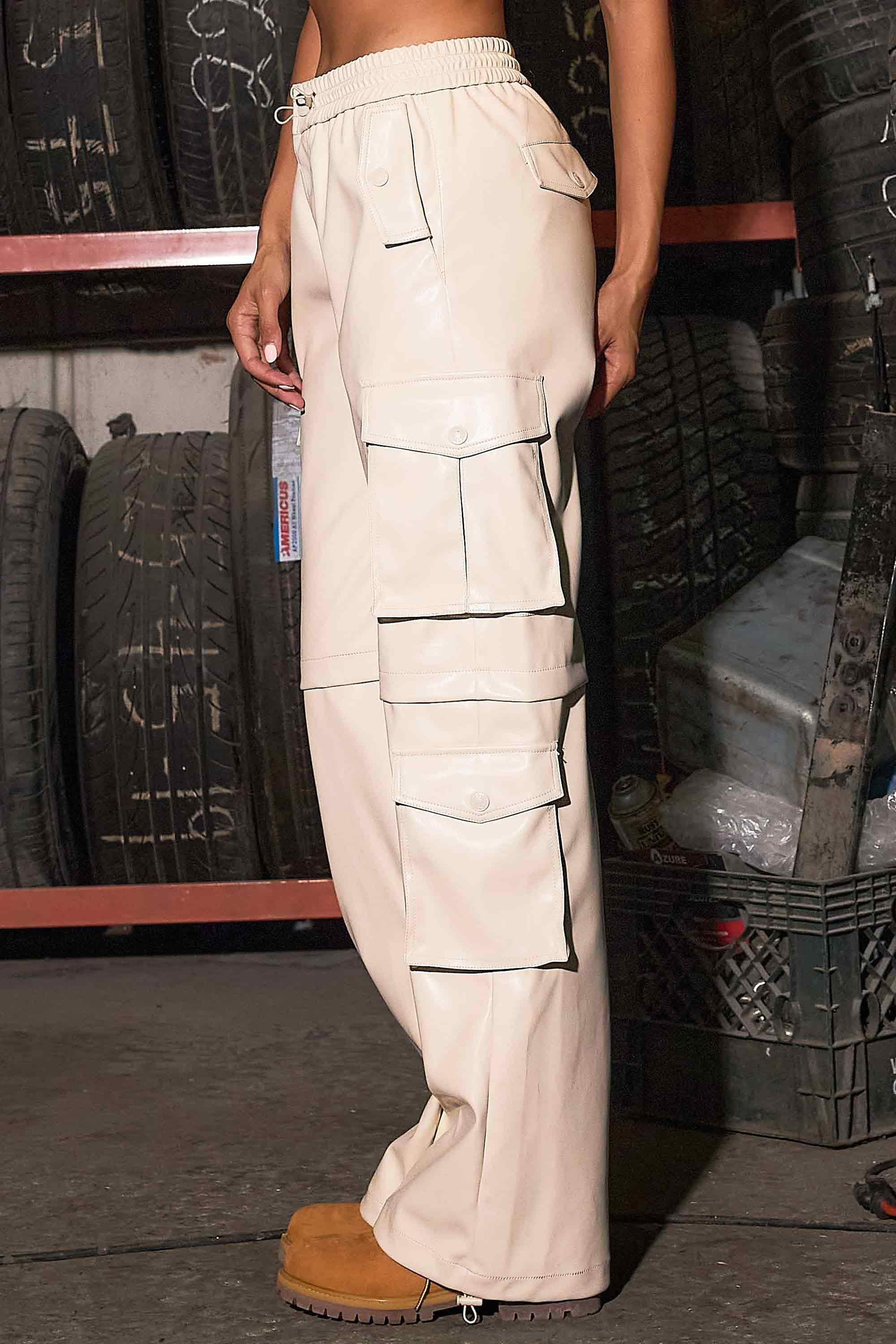 Vegan Leather Elastic Waist Band Baggy Cargo Pants – Vibrant miu