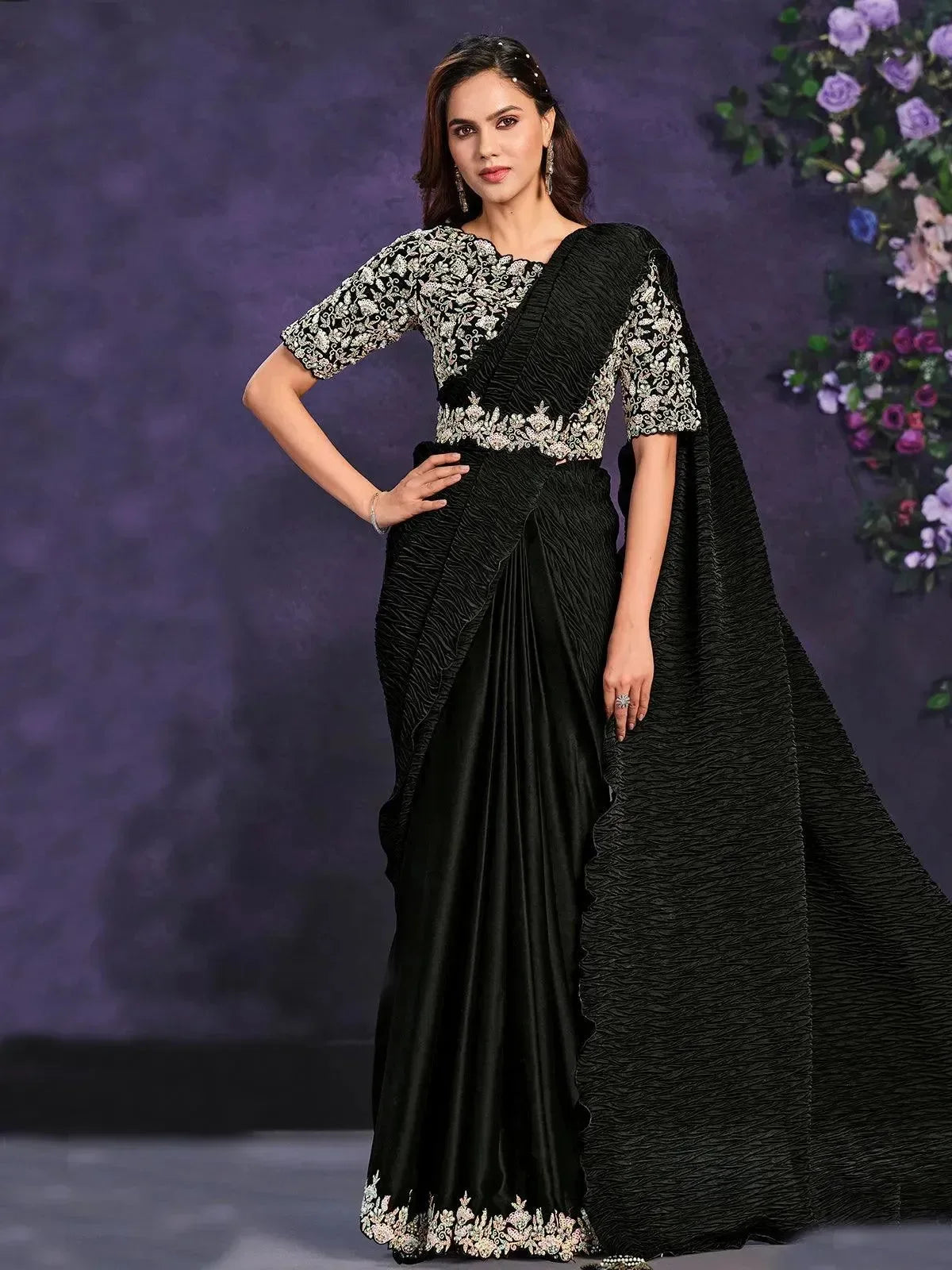 Black Crape Satin Embroidered Ready to Wear Saree - VJV Now - India
