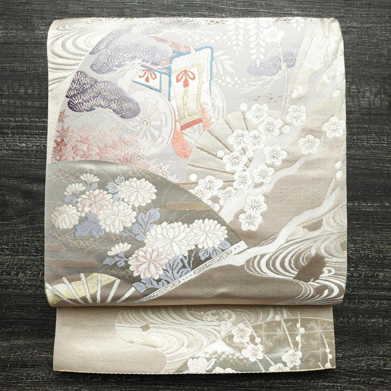 袋帯 六通柄 フォーマル用 正絹 古典柄 箔 鶴 梅 菊 金糸 帯 金・銀